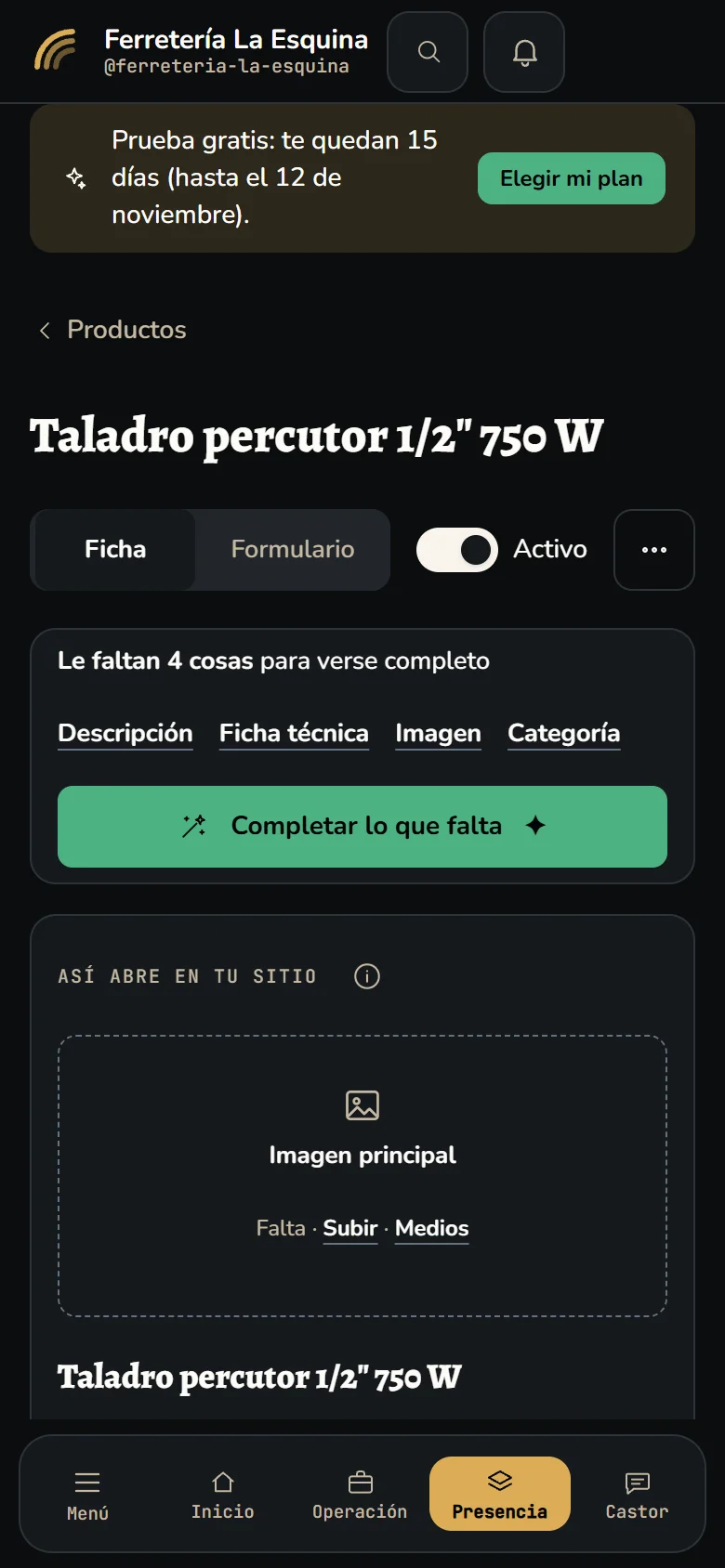 Ficha de un producto en el panel de Merez en un teléfono