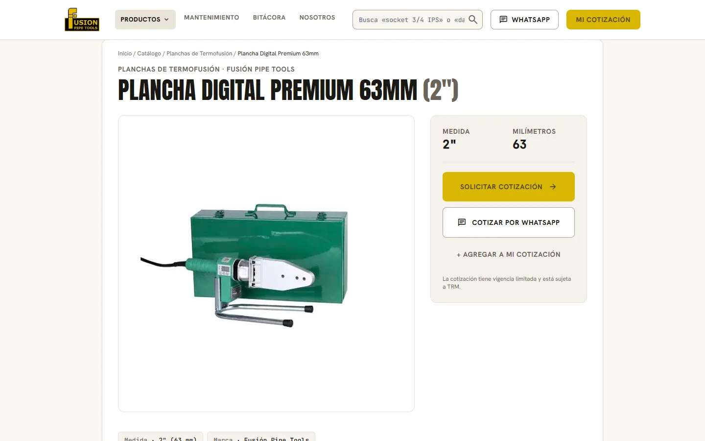 Ficha técnica de un producto de Fusion Pipe Tools con sus especificaciones