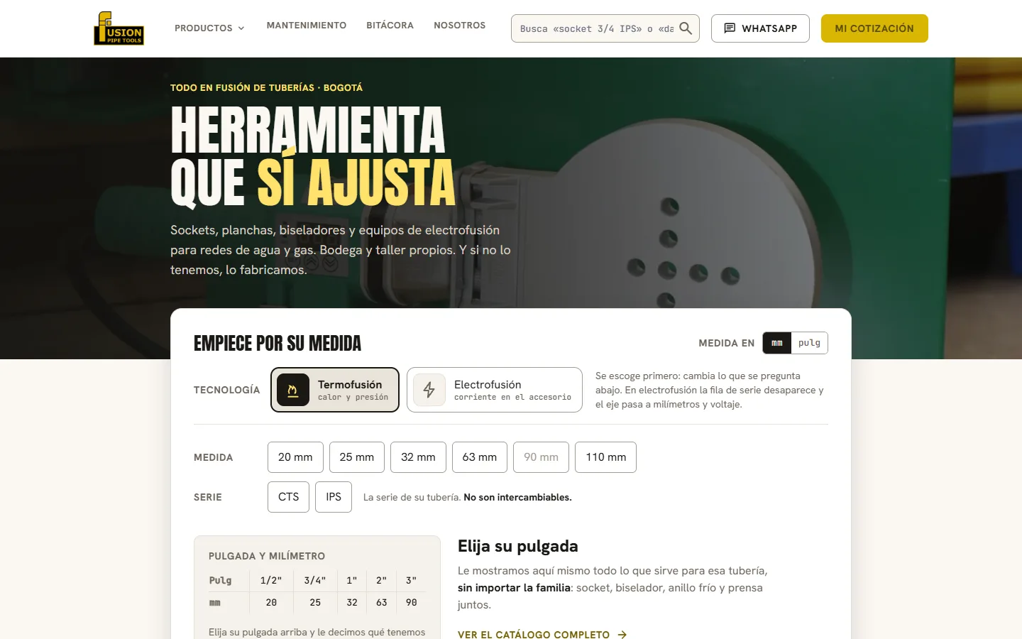 Página de inicio de Fusion Pipe Tools con su catálogo de herramientas de termofusión