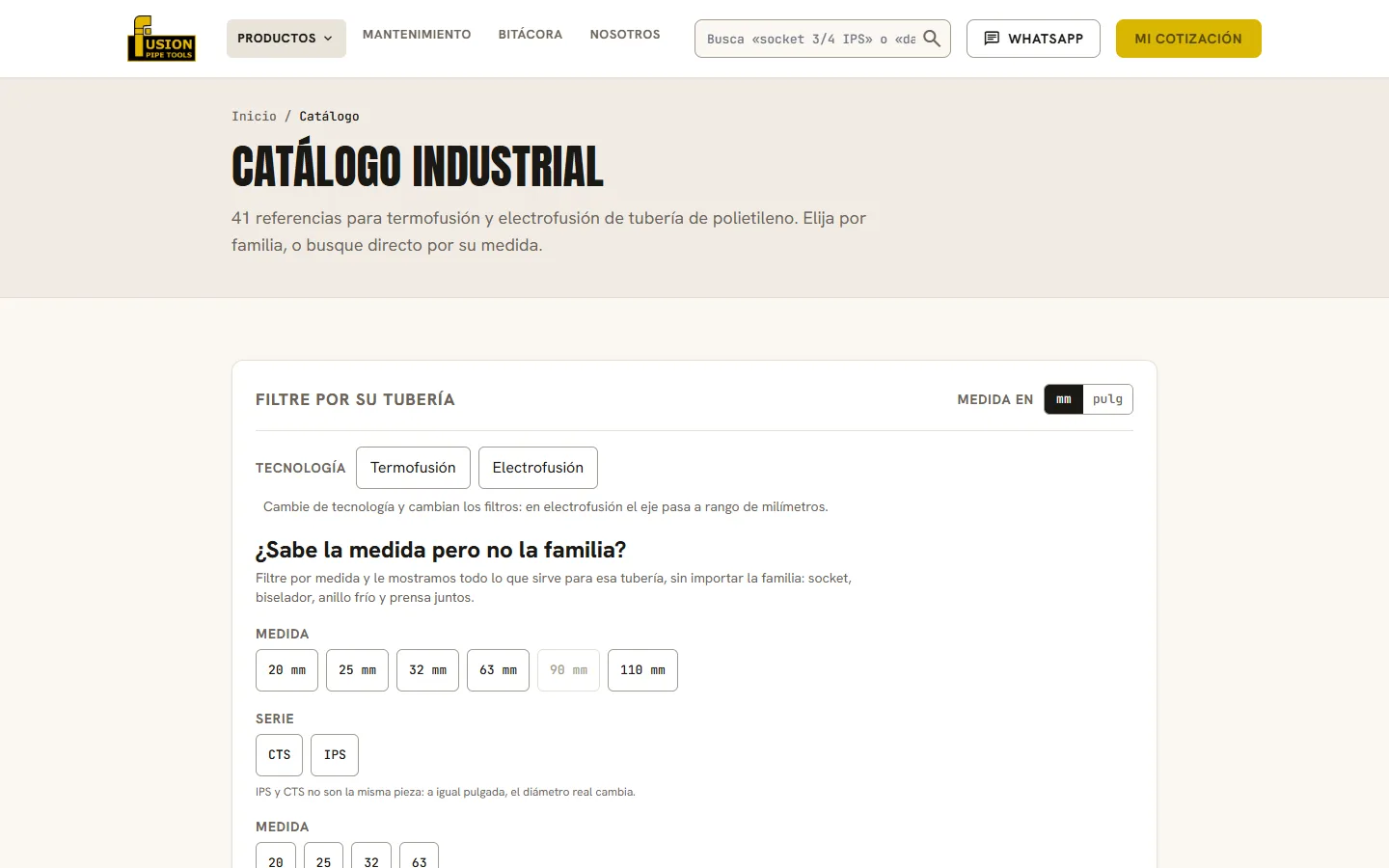 Listado del catálogo de Fusion Pipe Tools con filtros por tecnología y medida