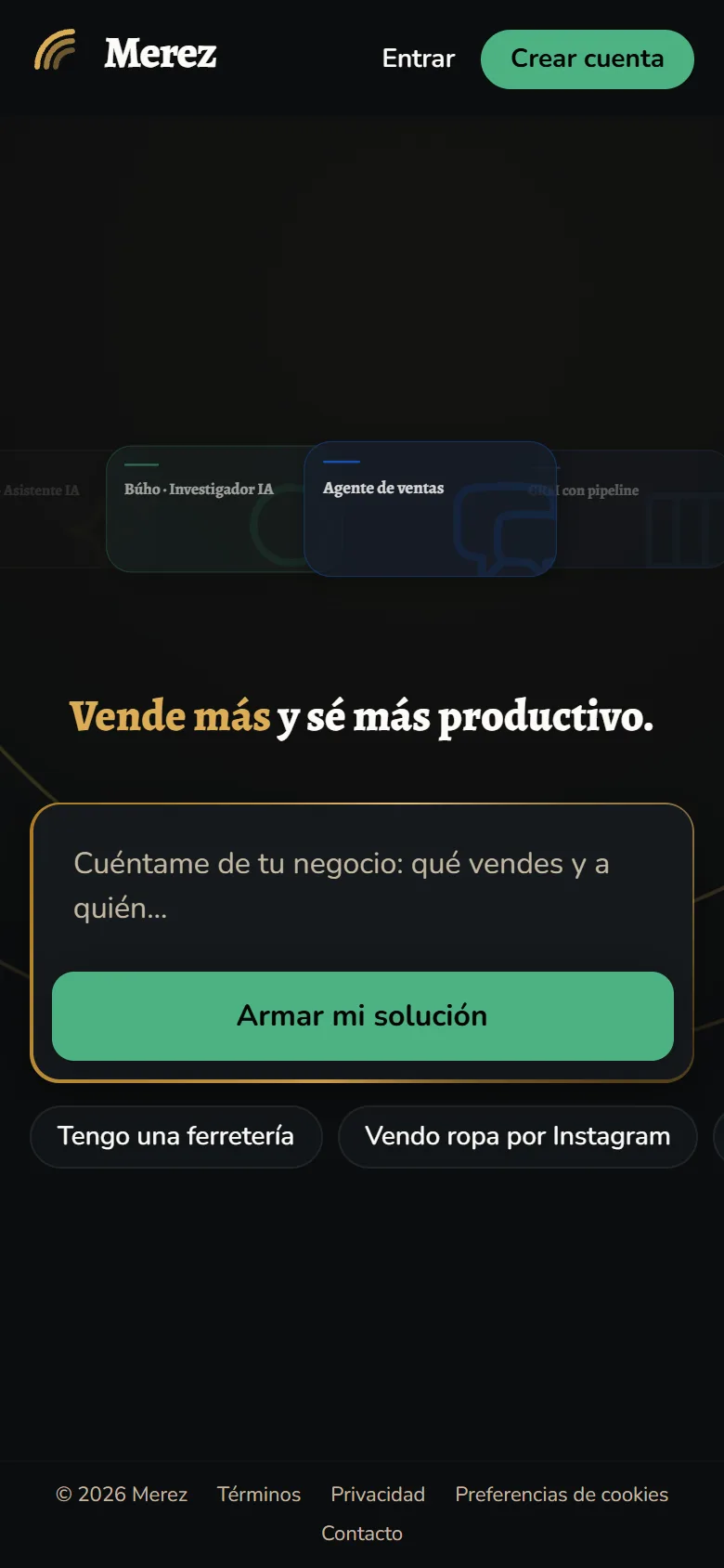 Página de inicio de Merez en un teléfono